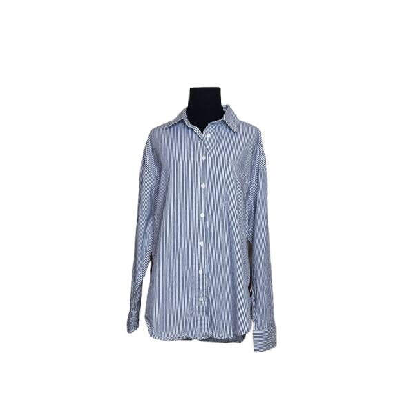 Forever 21 blue white striped long sleeves button shirt size Large - Picture 1 of 9